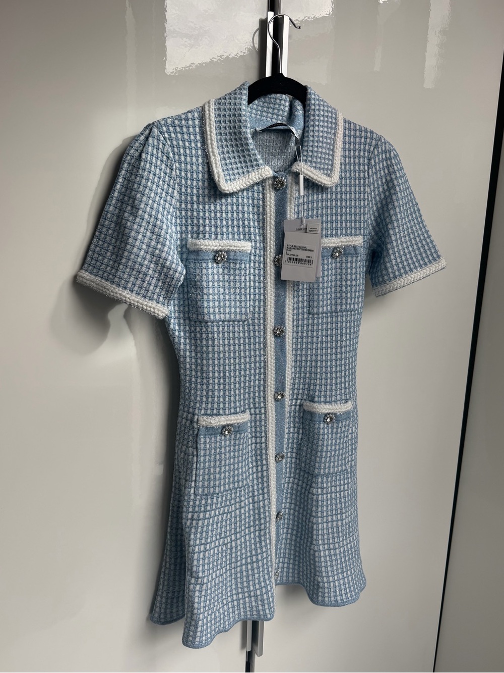 Self-Portrait Light Blue and White Tweed Button-Front Mini Dress - Picture 4 of 5